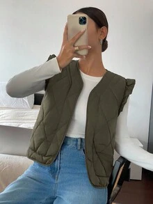 Siren Gaze Veste sans manches décontractée à col ouvert de couleur unie pour femmes, hiver - Militaire verte - Voir 4