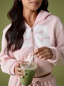 MISSGUIDED Zip Through Hooded Sweatshirt With Number Applique Detail For Casual Everyday Wear - Pink - View 3