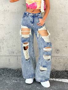 SHEIN 少女Y2K低腰锐舞90年代水洗街头斜插口袋破洞镂空宽松直筒牛仔裤，度假，Y2K宽松牛仔裤，Y2K牛仔裤，镂空牛仔裤，破洞牛仔裤，酸洗牛仔裤，秋冬 - 淺色水洗藍 - 查看 6