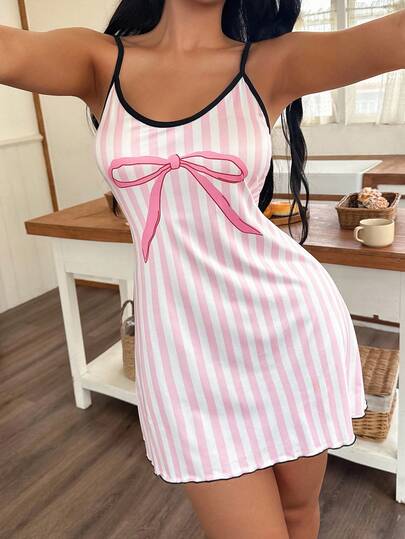 ZzzCrew Roze Wit Gestreepte Bow Print Camisole Nightgown Sleepwear Dress Babydoll Sleep Lingerie Schattige view 4