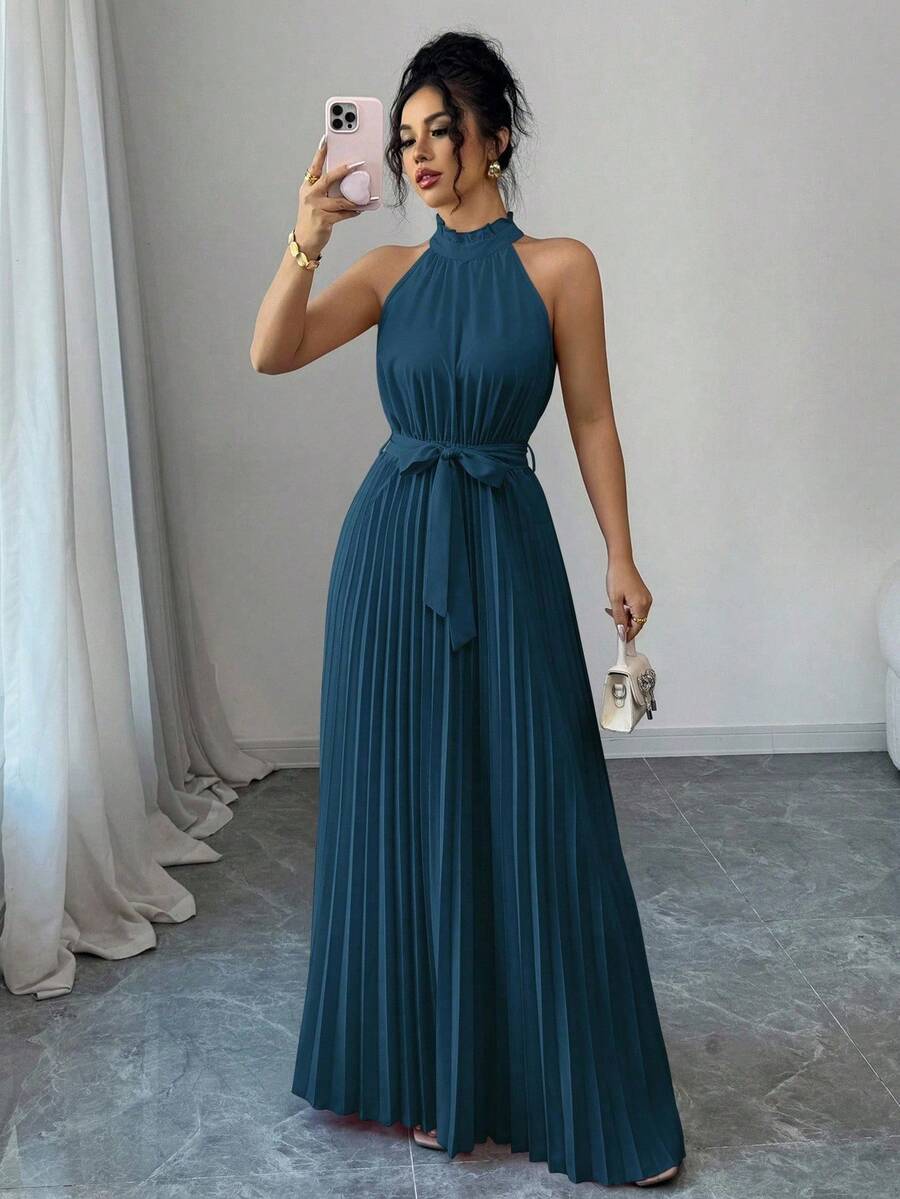 Elenzga Valentine's Day Elegant A-Line Ruffle Collar Waist Cinched Women Dress, Romantic - Teal Blue - View 1