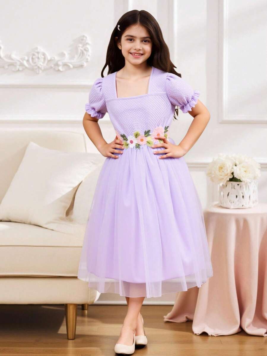 SHEIN Tween Girl Embroidered Flower Applique Puff Sleeve Mesh Overlay Dress