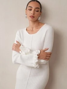 Modelyn Women's Elegant Solid Color Ruffle Flare Sleeve Knit Dress - White - View 5