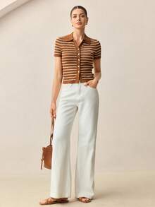 BizChic Áo len dệt kim tay ngắn cổ bẻ kẻ sọc thanh lịch lãng mạn dành cho nữ, đa năng cho trang phục công sở thường ngày, đi làm hàng ngày, trang phục công sở - màu nâu - Xem 2