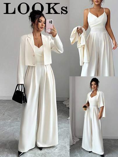 Elenzga Nuevo conjunto de 2 piezas para mujer con mono de pierna ancha con tirantes de espagueti y espalda descubierta, ajustable, y chaqueta de manga larga con cuello entallado, versátil y elegante para jóvenes damas, para otoño/invierno