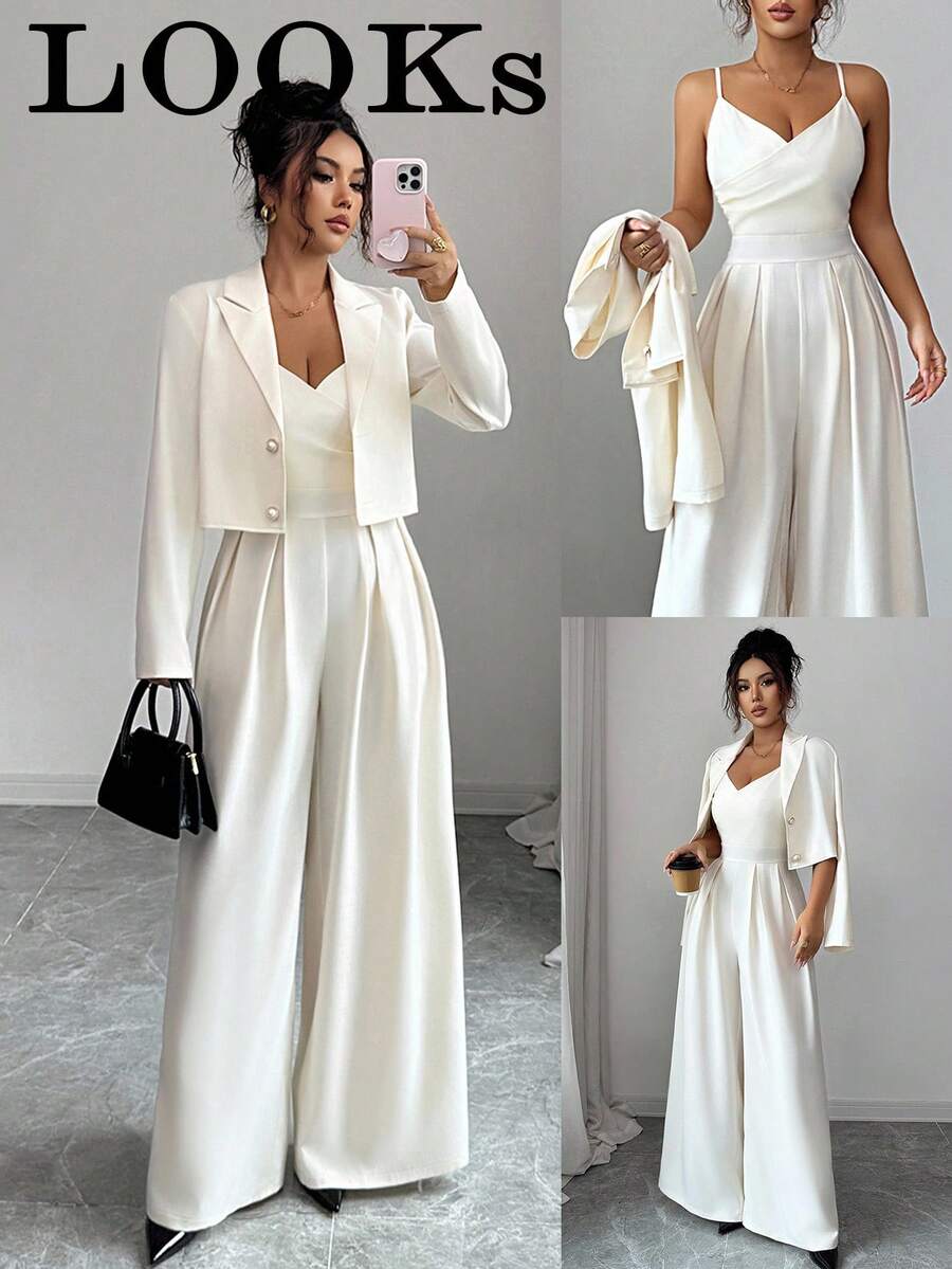 Elenzga New Women's Woven Fabric Spaghetti Strap Backless Adjustable Strap Wide Leg Jumpsuit With Notched Collar Long Sleeve Jacket, Commuter Versatile Elegant Young Lady 2 Pieces Set, Autumn/Winter - Apricot - View 1