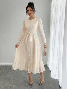 DAZY 法式浪漫奢华镂空蕾丝长袖连衣裙，收腰显瘦效果，女士叠穿连衣裙 - 杏色 - 查看 7