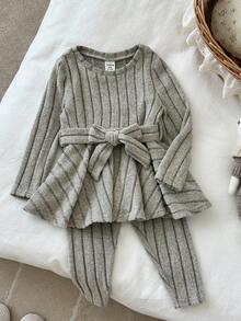 LMoss Kids LMoss 2pcs Baby Girl Knit Set Solid Color Crew Neck T-Shirt And Leggings Grey Autumn Casual Outfit,Matching Family Winter Clothes For Fall Ensemble - Apricot - View 6