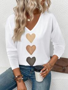 EMERY ROSE Women's V-Neck Cuffed Sleeve, Popular Ombre Heart Print Casual Versatile Long Sleeve T-Shirt