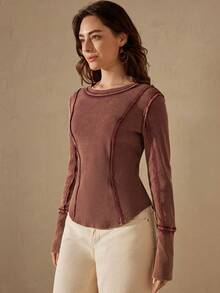 Wildy Western Casual Vintage Burgundy Bohemian Contrast Stitching Long Sleeve T-Shirt, Autumn Going Out Tops Brown Top Women's Sweatshirt Red Tops Long Sleeve T-Shirt Washed Knit Slim-Fit Cotton T-Shirt With Raw Edges - Burgundy - View 4