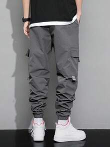 Claim Dot Men Slogan Graphic Flap Pocket Drawstring Waist Cargo Pants, For Fall