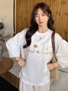 FRIFUL Women's White Loose T-Shirt With Floral Embroidery Pattern, 3/4 Sleeve, Bohemian Style, Spring - White - View 7