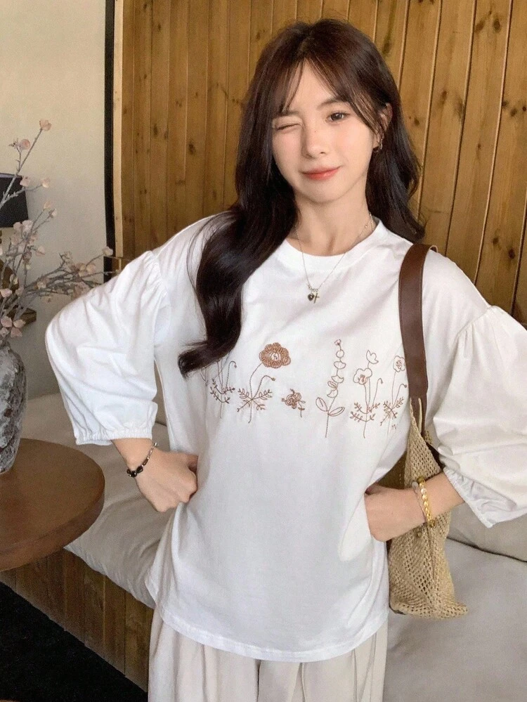 DAZY بلوزة كاجوال ذات أكمام فانوس مع طبعات زهرية مطرزة، مناسبة للارتداء اليومي والمتعدد الاستخدامات للفتيات المراهقات في الربيع - أبيض - مشاهدة 6