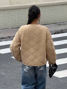 Muchica 女士休闲百搭羊毛夹克，秋冬 - 卡其色 - 查看 2