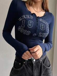 DAZY 字母印花半扣圆领紧身长袖女式T恤长袖女式上衣 - 藏蓝色 - 查看 2