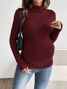 SHEIN Áo thun ôm dáng tay dài màu trơn đơn giản dành cho bà bầu - Màu Đỏ Sâu - Xem 3