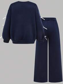 SHEIN 青少年女孩超大纯色海军蓝休闲字母印花蝴蝶结拼接长袖圆领运动衫和运动裤 2 件套，休闲日常穿着 - 藏蓝色 - 查看 2