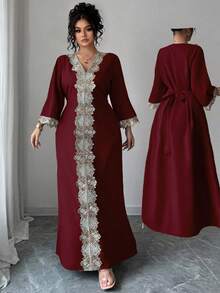 Elenzga 大码女装春夏休闲通勤时尚都市女性风格独特经典复古蕾丝定位精致设计感外国度假旅行长袖庄重奢华长裙 - 酒紅色 - 查看 6