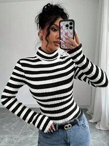 Elenzga 女士初秋高领抓绒罗纹长袖T恤衫，春季女式上衣 - 黑與白 - 查看 3