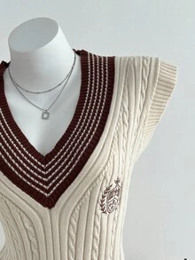 SHEIN Unity 女式休闲学院风徽章刺绣针织背心，秋冬 - 彩色 - 查看 5