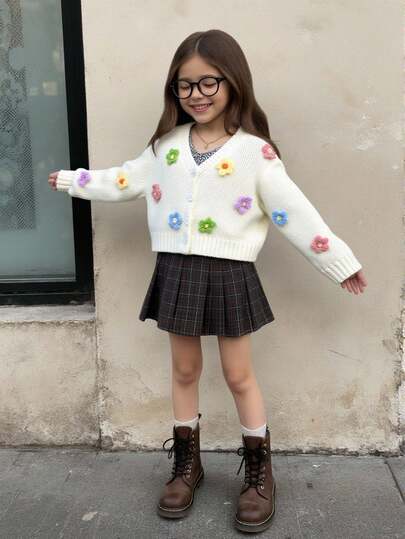 SHEIN 年轻女孩米色时尚休闲可爱柔软简约百搭优雅 3D 花卉灯笼袖短款宽松针织开衫，适合居家、日常穿着、学校、户外、派对、秋冬、圣诞节