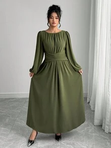 Elenzga Váy xếp ly màu trơn cổ điển thanh lịch cỡ lớn dành cho nữ, cổ tròn, eo chun, cài chéo phía trước, tay bồng, tay dài, dài đến đầu gối, màu xanh quân đội, thích hợp mặc đi làm, đi chơi, thường ngày, ngày lễ, tiệc tùng, thu đông - màu xanh lá - Xem 4