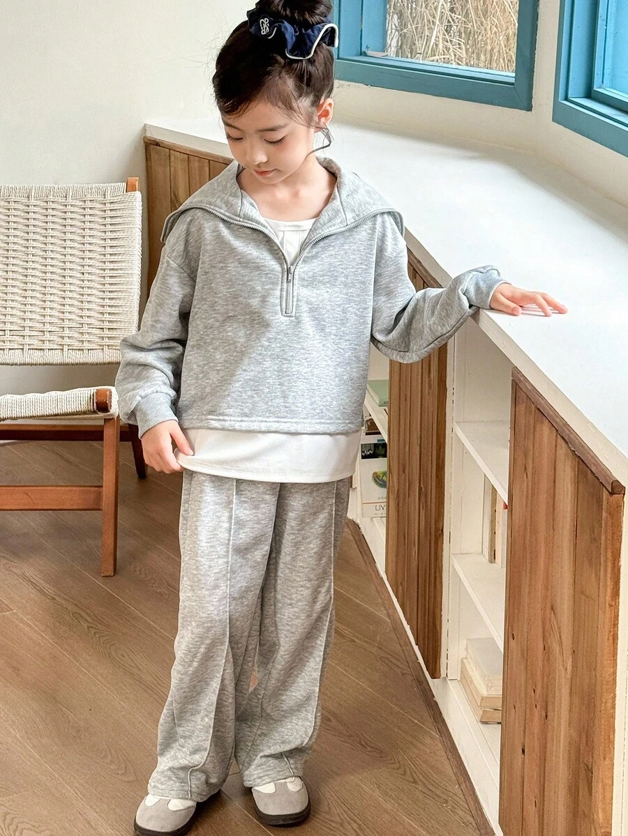 Genkimix Kids Set de 2 piezas: Sudadera con decoración de cuello marinero y bloques de color + Pantalones rectos lisos informales - Gris - Ver 1