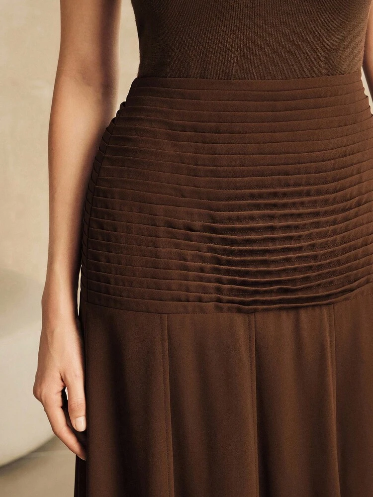 Elegant High Waist Pleated Chiffon Ruffle Hem Skirt, Brown, Suitable For Fall, Autumn, Summer, Elegant, Chic, Casual