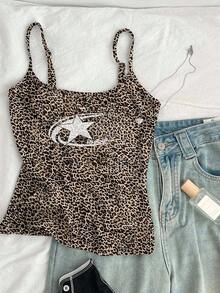 Attitoon 女士休闲性感豹纹五角星图案可爱吊带背心，适合夏季