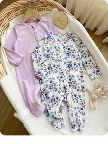 SHEIN 2件套女婴可爱针织粉色爱心图案长袖连体衣套装，适合日常居家穿着，秋冬季家居服套装，连体衣 - 彩色 - 查看 1
