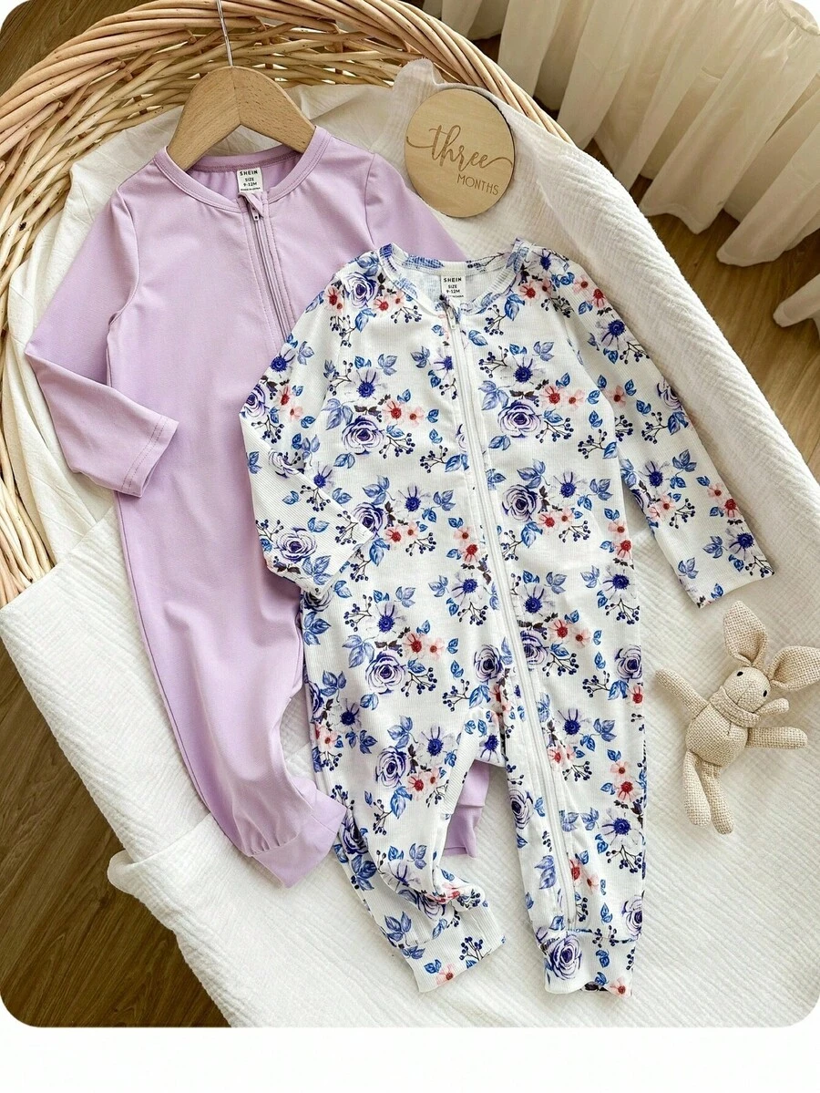 SHEIN 2件套女婴可爱针织粉色爱心图案长袖连体衣套装，适合日常居家穿着，秋冬季家居服套装，连体衣 - 彩色 - 查看 1