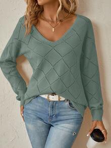 Maglione casual lavorato a maglia con scollo a V e maniche a raglan, colore unito, ampio e comodo, da donna
