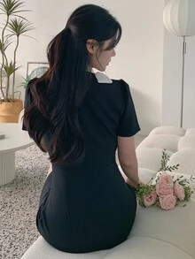 DAZY 女士立领蝴蝶结腰收腰短裙太阳裙、迷你裙、休闲女装 - 黑色 - 查看 5