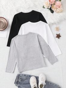 SHEIN 3 件套年轻女孩圆领休闲简约长袖 T 恤汗衫上衣，非常适合秋冬季休闲、日常穿着和上学，必备单品，百搭，妈妈和女儿搭配，姐妹和我搭配 - 彩色 - 查看 2