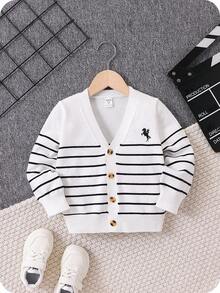 SHEIN Toddler Boys' V-Neck Striped Cardigan, Black & White, Embroidered, Soft Polar Fleece Fabric, Suitable For Casual Wear, Autumn/Winter & Spring Fall - Black and White - View 4