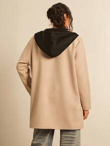 SHEIN LUNE 加大码女式冬季连帽外套，杏色和黑色纹理面料，秋季外出休闲外套，保暖 - 杏色 - 查看 2
