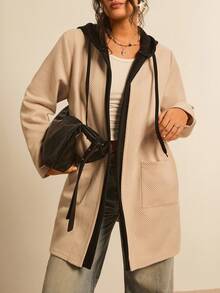 SHEIN LUNE 加大码女式冬季连帽外套，杏色和黑色纹理面料，秋季外出休闲外套，保暖 - 杏色 - 查看 5