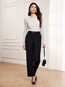 Miaspire 女士圆领长袖时尚打底 T 恤，优雅时尚的外套，白色纹理面料女式上衣，秋季 - 白色 - 查看 5