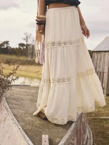 Aralina 秋冬西部波西米亚风蕾丝边饰长裙，适合乡村音乐会、万圣节和教师节等场合。 - 米色 - 查看 3