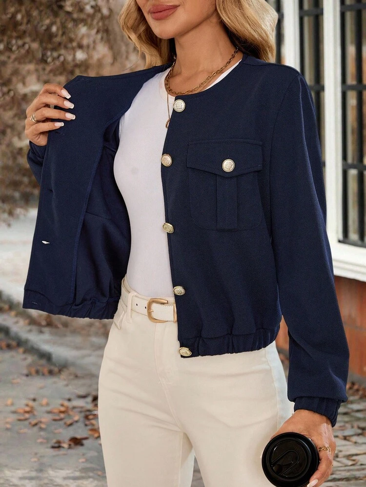Women's Solid Color Long Sleeve Single-Breasted Pocket Casual Jacket, Autumn