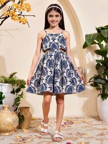 SHEIN Tween Girl 植物印花镂空腰部休闲吊带连衣裙 - 彩色 - 查看 6