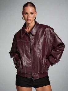 SHEIN BAE Women's Solid Color Long Sleeve Zip-Up Collar Casual PU Leather Jacket, Autumn, Women Leather Jacket, Burgundy Leather Jacket, Oversized Leather Jacket,Fall - Burgundy - View 4