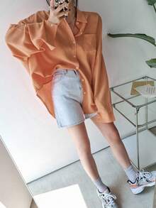 DAZY Áo sơ mi nữ cổ bẻ rộng màu trơn, dáng rộng, áo dài tay thời trang thu đông - Màu Cam cháy - Xem 5