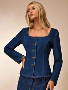 Avantive Langärmliges Jeanshemd mit quadratischem Ausschnitt, dekoriert mit Metallknöpfen, geeignet für Winter/Herbst, Ausgehen, Geburtstag, Casual, Millennium/2000/90er Jahre, Western-Stil Damen, Club, Büro, Cocktails, Retro, Rave Festival, Fun, Klassisch, Old Money, Streetwear, Workwear, Junggesellinnenabschied, Konzert, Basic, Ausgehen, Elegant, Casual - Mittele Waschung - Übersicht 4
