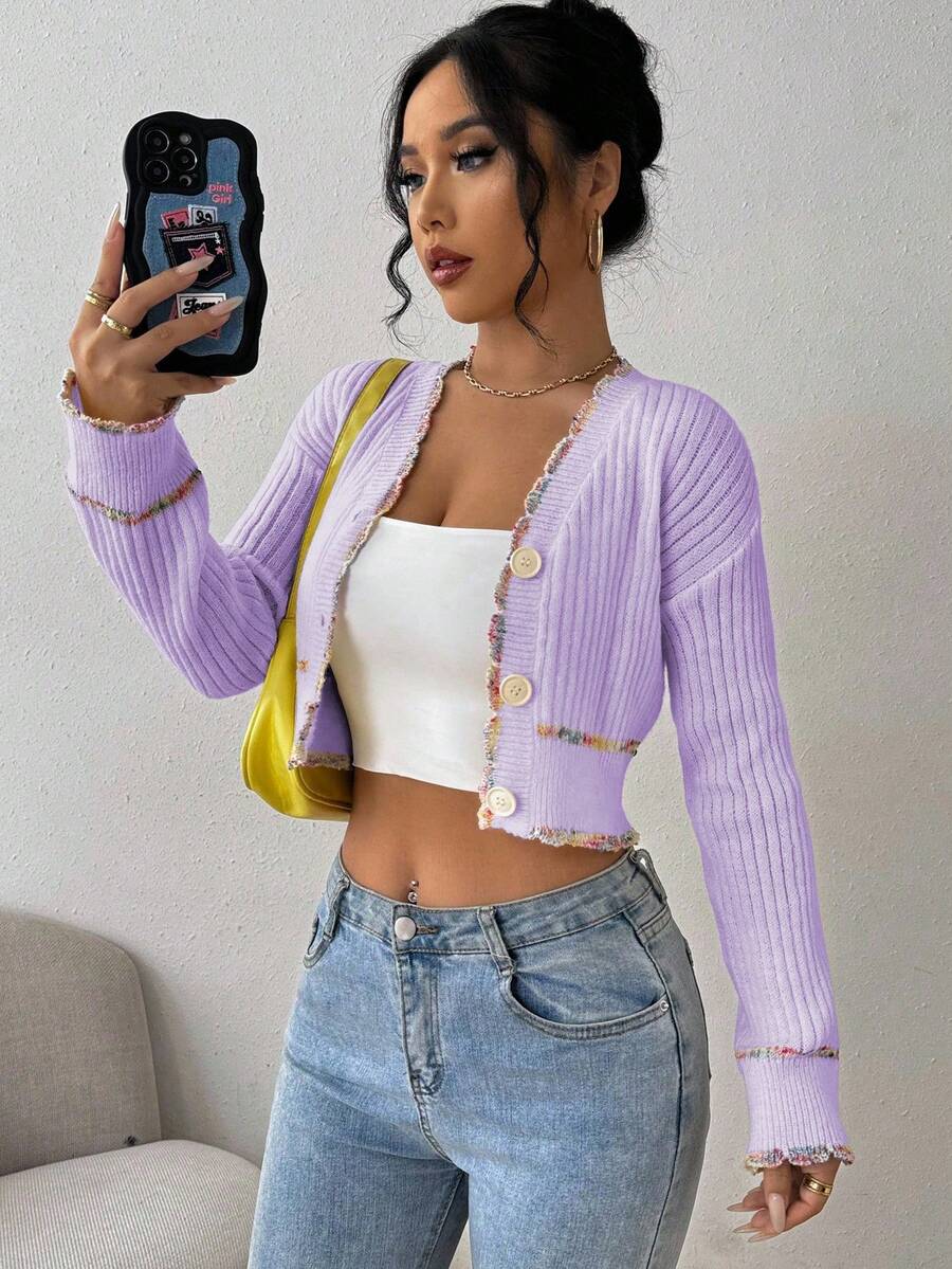 Women's Elegant Contrast Trim Cropped Cardigan - Mauve Purple - View 1