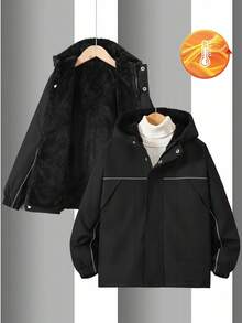 Vacaura Chaqueta con capucha con cremallera, forro térmico y rayas reflectantes para niño preadolescente, cálida y cómoda para actividades al aire libre, otoño/invierno - Negro - Ver 7
