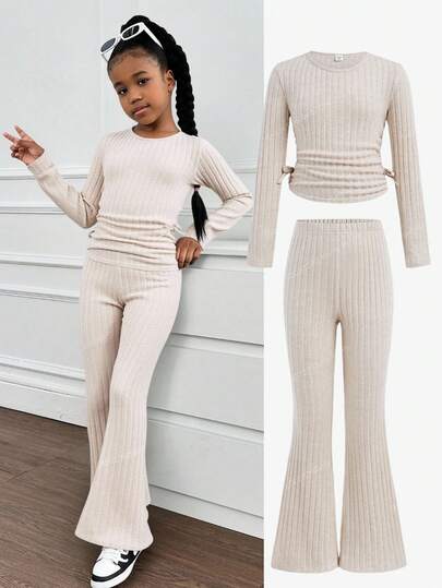 Tween Girl Casual Fuzzy Rib Knit Crew Neck Ruched Long Sleeve Fitted Top And Flare Leg Pants Set, Suitable For Home And Outdoor Tween Matching Set Knit Bell Bottoms Girl 2 Piece Set Girls Ribbed Set Teen Two Piece Long Sleeve Set Breezy Flare Pants Set Kids Fall Winter