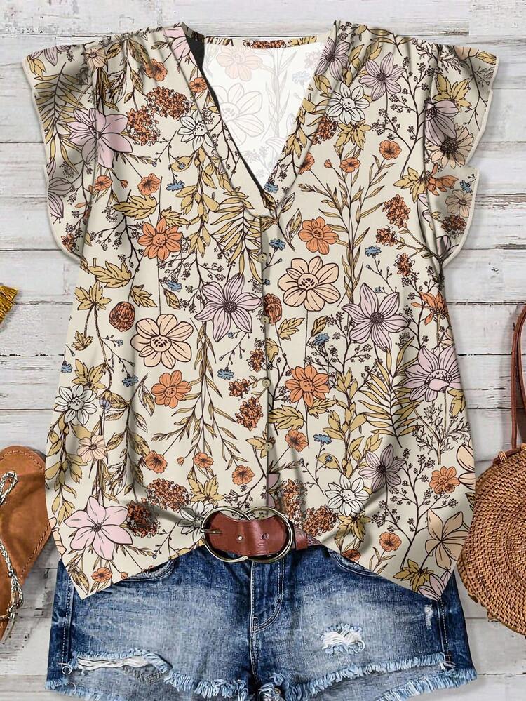 Women's Floral Print V-Neck Cap Sleeve Casual Blouse, Suitable For Summer Boho Blouses Floral Blouse Women Boho Shirts Women Women Summer Blouses Women Floral Tops New Year Party