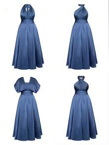 Elenzga 大码女式 A 字形 V 领露背及地缎面伴娘礼服，百搭百搭 - 霧霾藍 - 查看 7