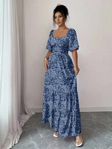 Elenzga Váy Maxi hoa hồng tay ngắn dự tiệc âm nhạc bãi biển mùa hè - Màu xanh lam - Xem 5